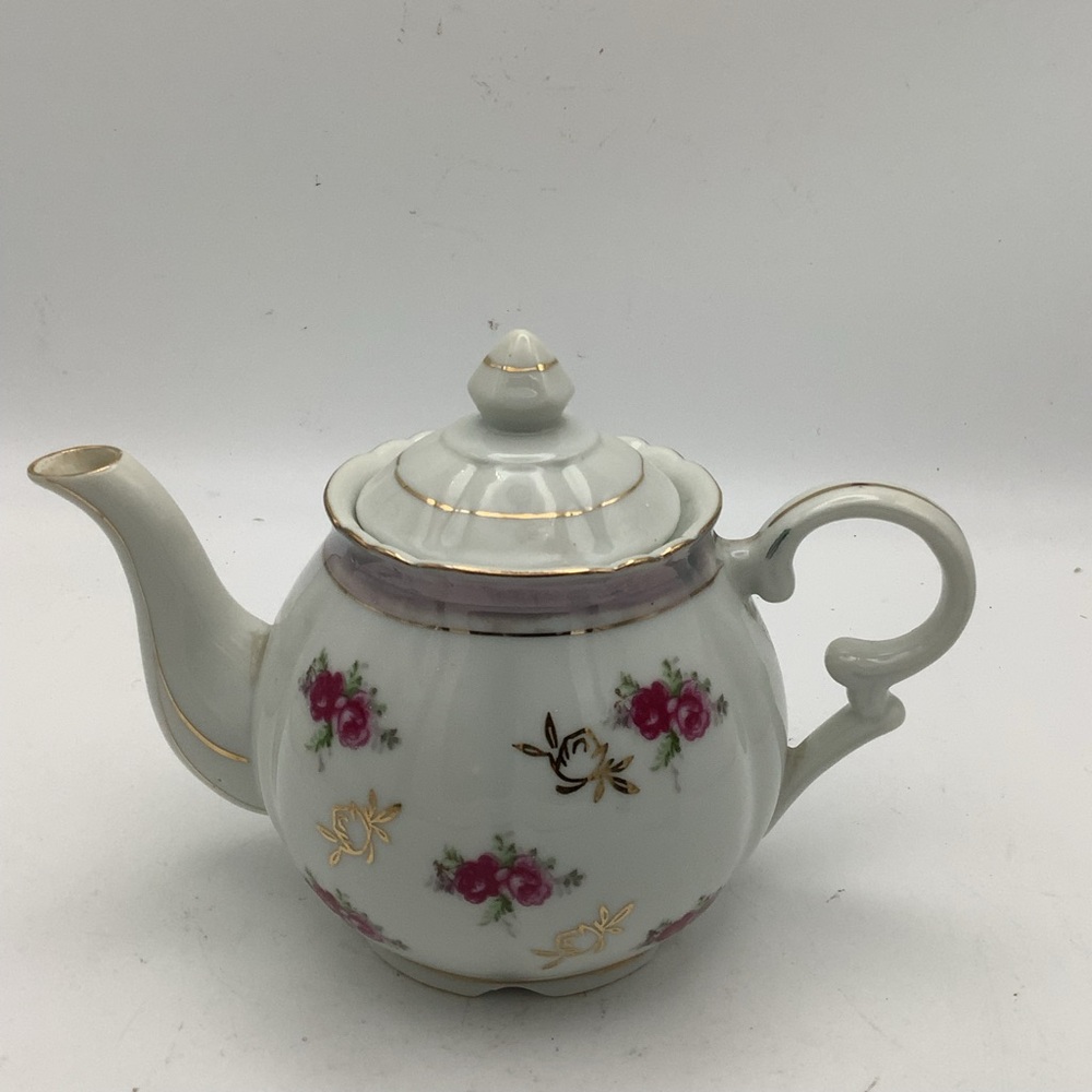 Vintage White Teapot with Pink Roses and Gold Accents